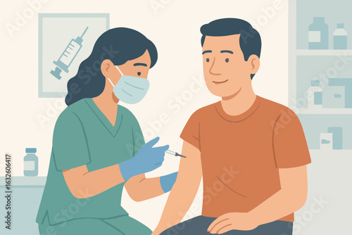 Flat style illustration of a female medical professional administering a vaccine injection to a male patient in a clinical or hospital setting. The scene portrays healthcare services, immunization pro
