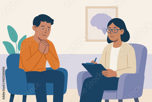 Flat vector illustration of a psychological therapy or counseling session. A male client is sitting and talking to a female therapist who is holding a clipboard, both seated in a calm office setting. 