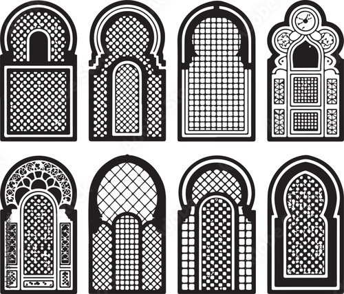 Islamic Arch Window Designs Black and White Vector Set