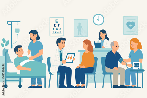 Flat vector illustration depicting a hospital waiting room with patients seated and interacting with medical staff. Suitable for concepts like healthcare services, hospital interior, outpatient care, 