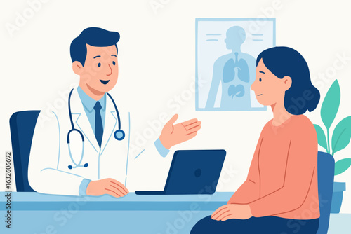 Doctor consulting female patient in clinic - flat vector illustration of medical checkup or diagnosis scene