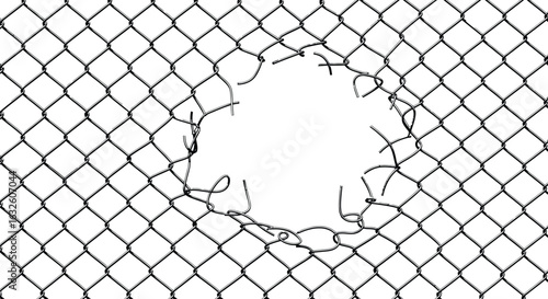 Broken chain link fence with hole security breach concept