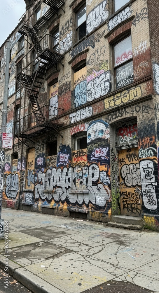 Fototapeta premium Graffiti covered building facade in an urban environment