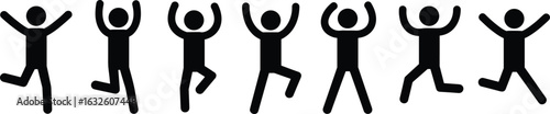 Minimalist stick figure people showing dynamic movement poses, simple cartoon style, isolated on white background