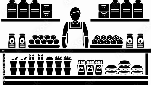 Illustration of a store clerk standing behind shelves stocked with various goods and food items display silhouette