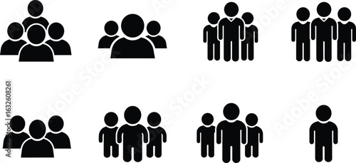 Stick figure icons of group people, black silhouette symbols, team diversity concept, isolated on white background