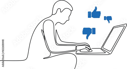 Man using laptop with social media feedback like dislike