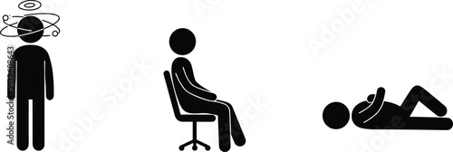 Stick figure icons showing dizziness, sitting, and lying down poses, black silhouette symbols, isolated white background