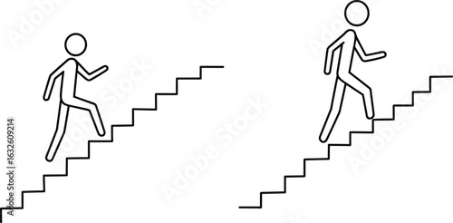 Stick figures walking upstairs, black silhouette icons, dynamic movement, staircase concept, minimal design, white background