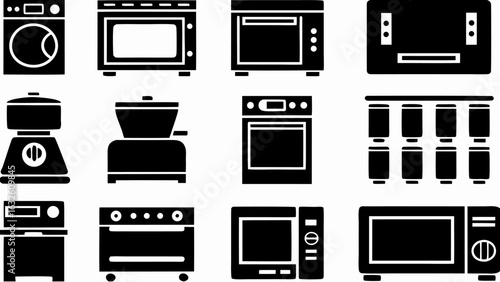 Collection of kitchen appliances including washing machine oven and food preparation equipment icons set up nicely silhouette
