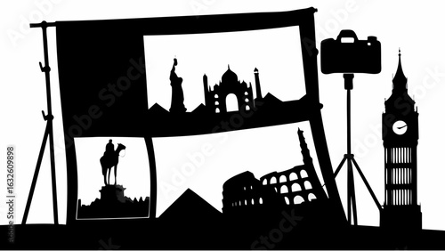 Silhouette scene featuring world landmarks statue of liberty taj mahal colosseum and big ben with camera