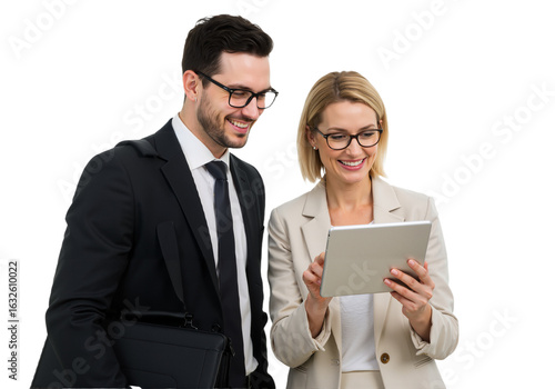 Business successful positive managers use a tablet, a man and a woman stand together, office employees. Finance colleagues work in a team, project partners PNG.