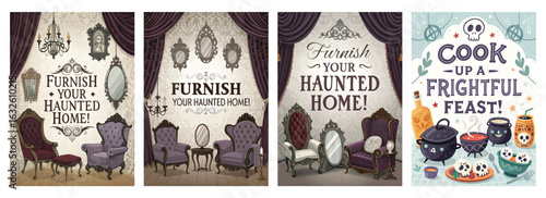 Set of four vintage Halloween posters with spooky d�cor and gothic culinary invitation