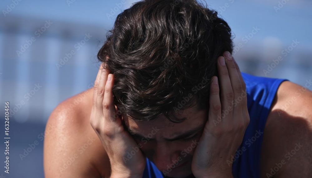 Fototapeta premium Young athlete stands with head in hands, showing despair and disappointment. Expressionless face, dark hair, blue shirt against white background with fence and bridge. Emotions of frustration and loss