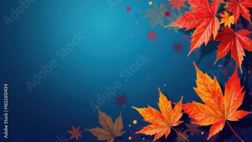 Blue autumn background with beautiful orange and red maple leaves, fall season, template with place for text