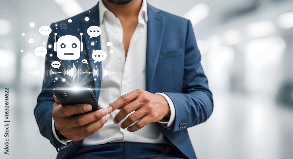 custom made wallpaper toronto digitalMan Using Mobile Phone with AI Chatbot Overlay