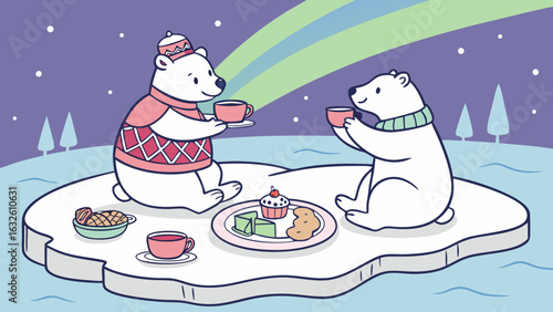 Polar Bear Tea Party Vector – Arctic Scene with Iceberg, Pastries and Northern Lights in Cozy Animal Gathering