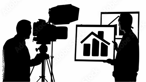 Silhouette of cameraman filming presenter with charts showing house and graph on presentation boards