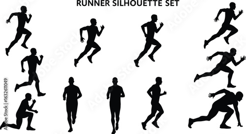 Runner silhouette set, jogging and sprinting sequence icons, motion variation pack, editable black vector for fitness and sports themes