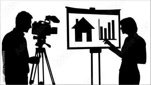Silhouette of cameraman filming woman presenting house and graph data on presentation board indoors