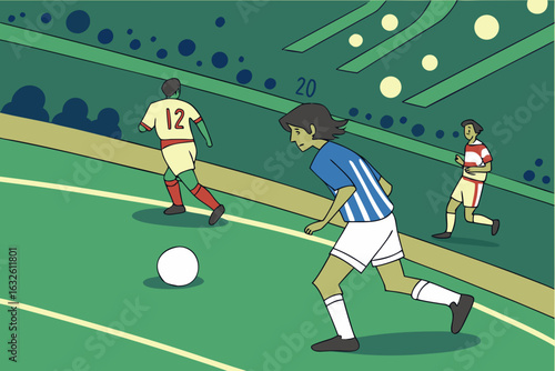 Exciting soccer match scene. blue team on the attack, passing and dribbling during a major league championship game.