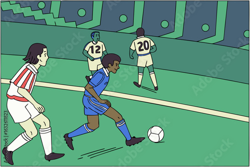 Exciting soccer match scene. blue team on the attack, passing and dribbling during a major league championship game.