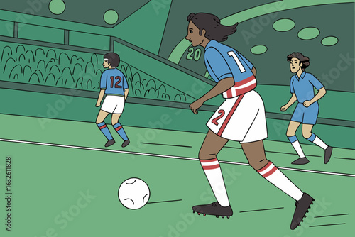 Exciting soccer match scene. blue team on the attack, passing and dribbling during a major league championship game.