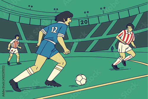 Exciting soccer match scene. blue team on the attack, passing and dribbling during a major league championship game.