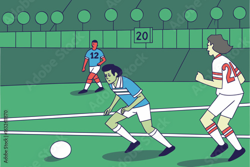 Exciting soccer match scene. blue team on the attack, passing and dribbling during a major league championship game.