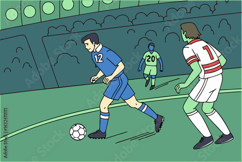 Exciting soccer match scene. blue team on the attack, passing and dribbling during a major league championship game.