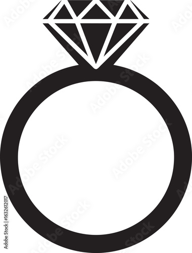 Black graphic icon of a classic diamond ring with a faceted gemstone.