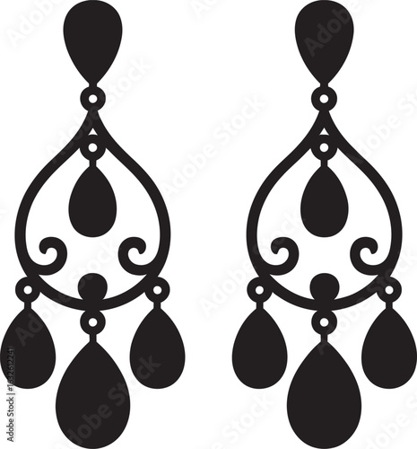 Elegant black silhouette of ornate chandelier earrings with a scrolled, teardrop design.