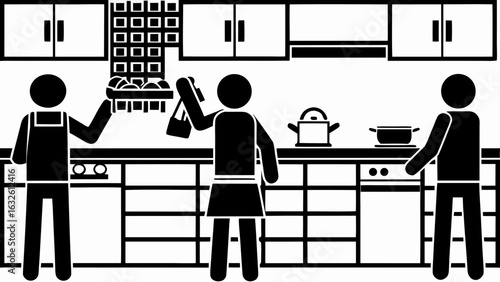 People in a kitchen setting with cabinets, pots, and a tray of eggs displayed in black and white style silhouette