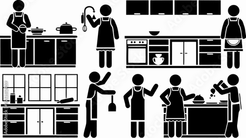 Illustration showing people cooking and cleaning in a kitchen with cabinets and appliances visible silhouette