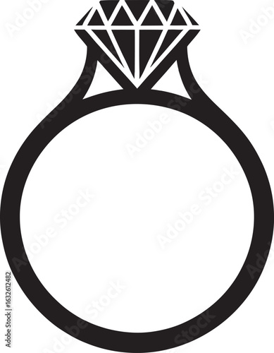Simple black silhouette icon of a classic diamond engagement ring with a faceted gem.