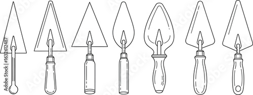 Various trowel tools line art for construction and masonry