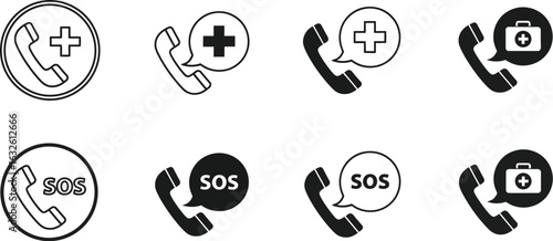 Emergency call icon set medical helpline sos assistance vector