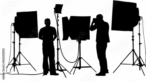 Silhouette of photographers with studio lighting equipment capturing images in a professional setting