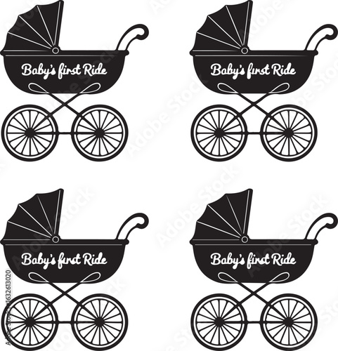 Four black baby carriages with text Baby's first Ride