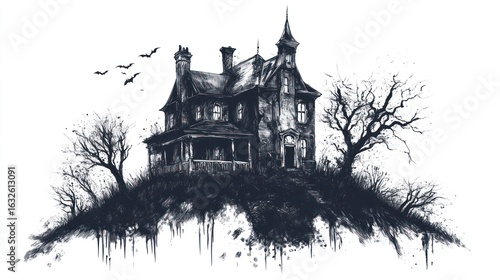 A spooky, dilapidated house on a hill, surrounded by bare trees and flying bats.