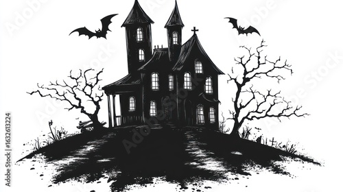 A spooky silhouette of a haunted house with bats and bare trees, perfect for Halloween themes.