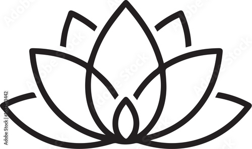 Stylized black line art lotus flower icon with symmetrical, interconnected petals.