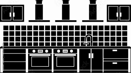 Illustration of a kitchen interior with cabinets, ovens, sink, tile backsplash, and ventilation hoods above silhouette