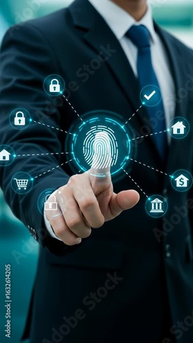 Biometric Security Activation: Man in suit initiates fingerprint scan for secure data access, home automation, and banking transactions.