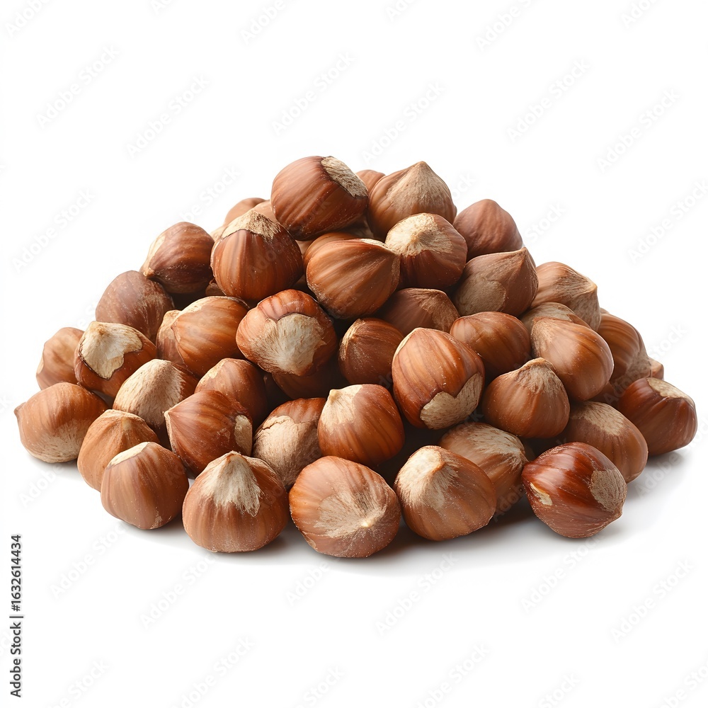 Pile of raw whole hazelnuts with brown shells on white background Pile of raw whole hazelnuts with brown shells on white background