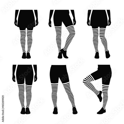 Six Silhouettes of Women's Legs in Striped Thigh- High Stockings
