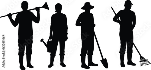 Gardening silhouettes set, outdoor lifestyle figures, hoe shovel rake watering can icons, black editable vector pack, nature hobby artwork
