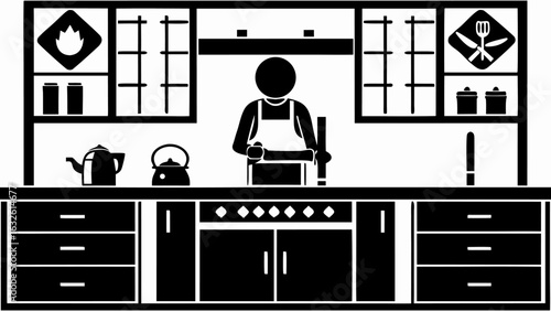 A kitchen scene featuring a person in an apron, cooking utensils, cabinets and kitchen appliances shown silhouette