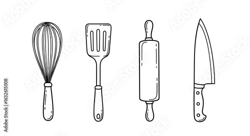 Kitchen utensils drawing vector: whisk, spatula, rolling pin, chef knife in black outline style illustration