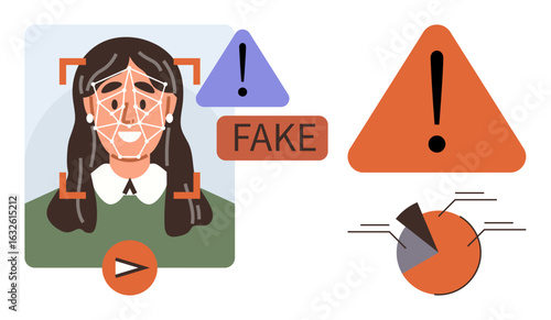 Portrait analyzed by facial recognition, marked fake with warning icons, charts, and error symbols. Ideal for cybersecurity, AI ethics, fraud detection, digital safety, identity verification